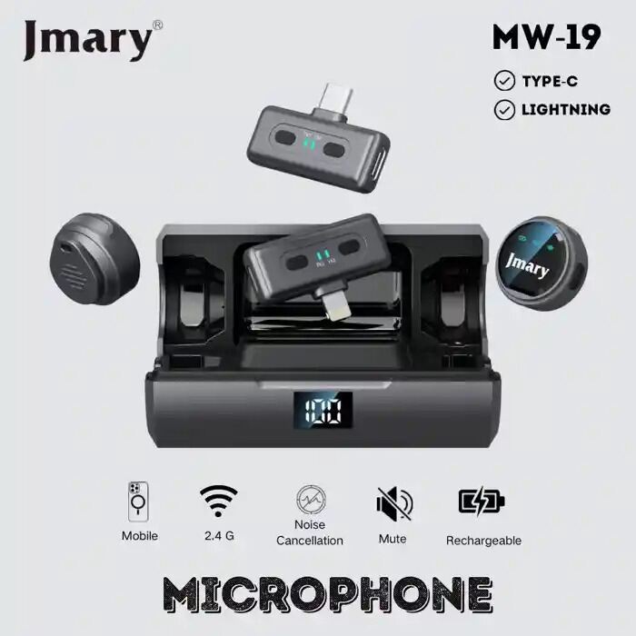 Picture of Jmary MW-19 Dual Wireless Microphone for Type-C & lightning iPhone magnet clip (Black)