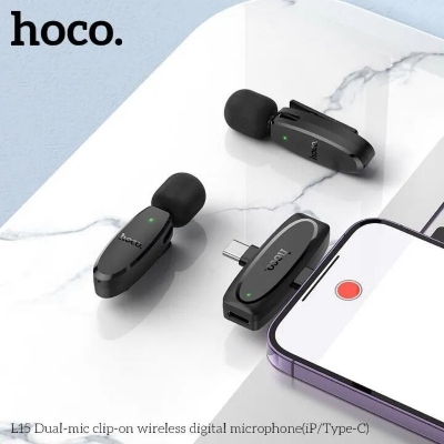 Picture of HOCO L15 Wireless Lavalier Microphone Dual-Mic 2-in-1 Clip-on Wireless Digital Microphone (lighting & Type-C) (Black)