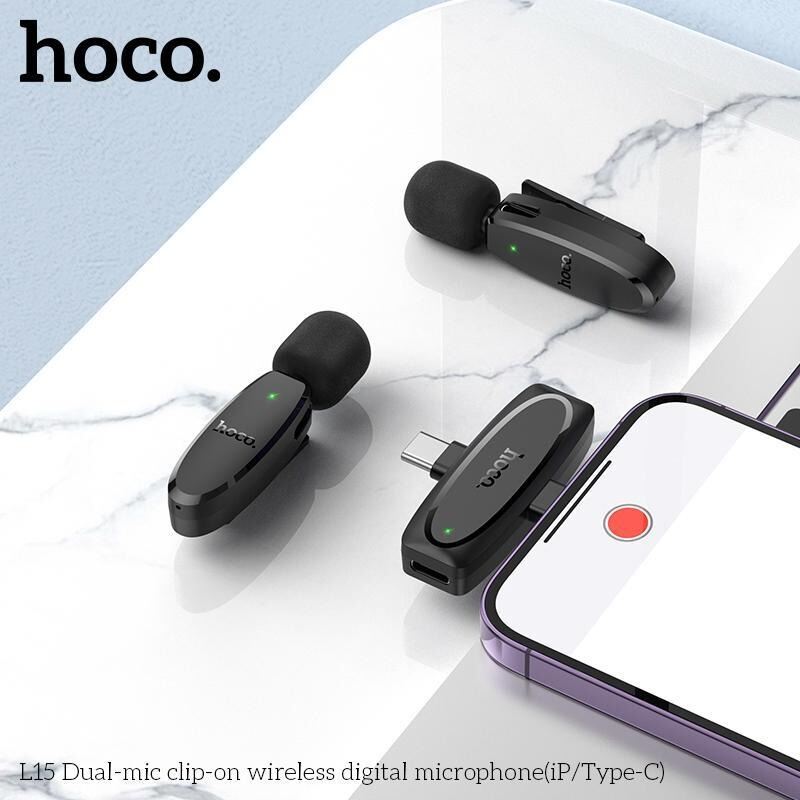 Picture of HOCO L15 Wireless Lavalier Microphone Dual-Mic 2-in-1 Clip-on Wireless Digital Microphone (lighting & Type-C) (Black)