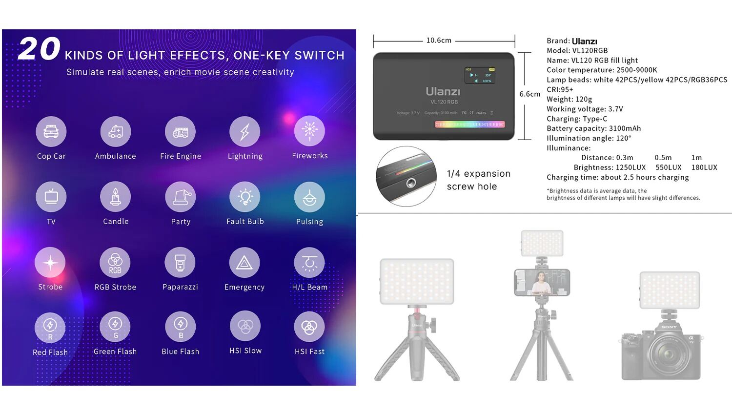 Picture of Ulanzi VL120 2500K - 9000K RGB LED Brightness adjustment Dial  Photography & Studio Lighting Light (Black)