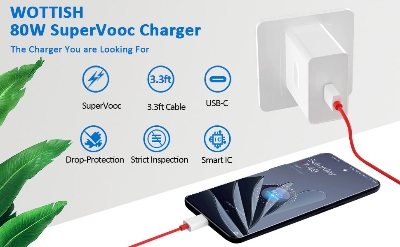 Picture of 80W SUPERVOOC Charger For OnePlus 10R Original 80W Super VOOC Charger | 80W ALL-IN-ONE CHARGER | Original 80W Dash Charger | Original 80W WRAP Charger With 1 Meter 65W USB Type-C Fast Data Charging Cable - J1E2, White, 80 W (80WATT) (White)