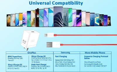 Picture of 80W SUPERVOOC Charger For OnePlus 10R Original 80W Super VOOC Charger | 80W ALL-IN-ONE CHARGER | Original 80W Dash Charger | Original 80W WRAP Charger With 1 Meter 65W USB Type-C Fast Data Charging Cable - J1E2, White, 80 W (80WATT) (White)