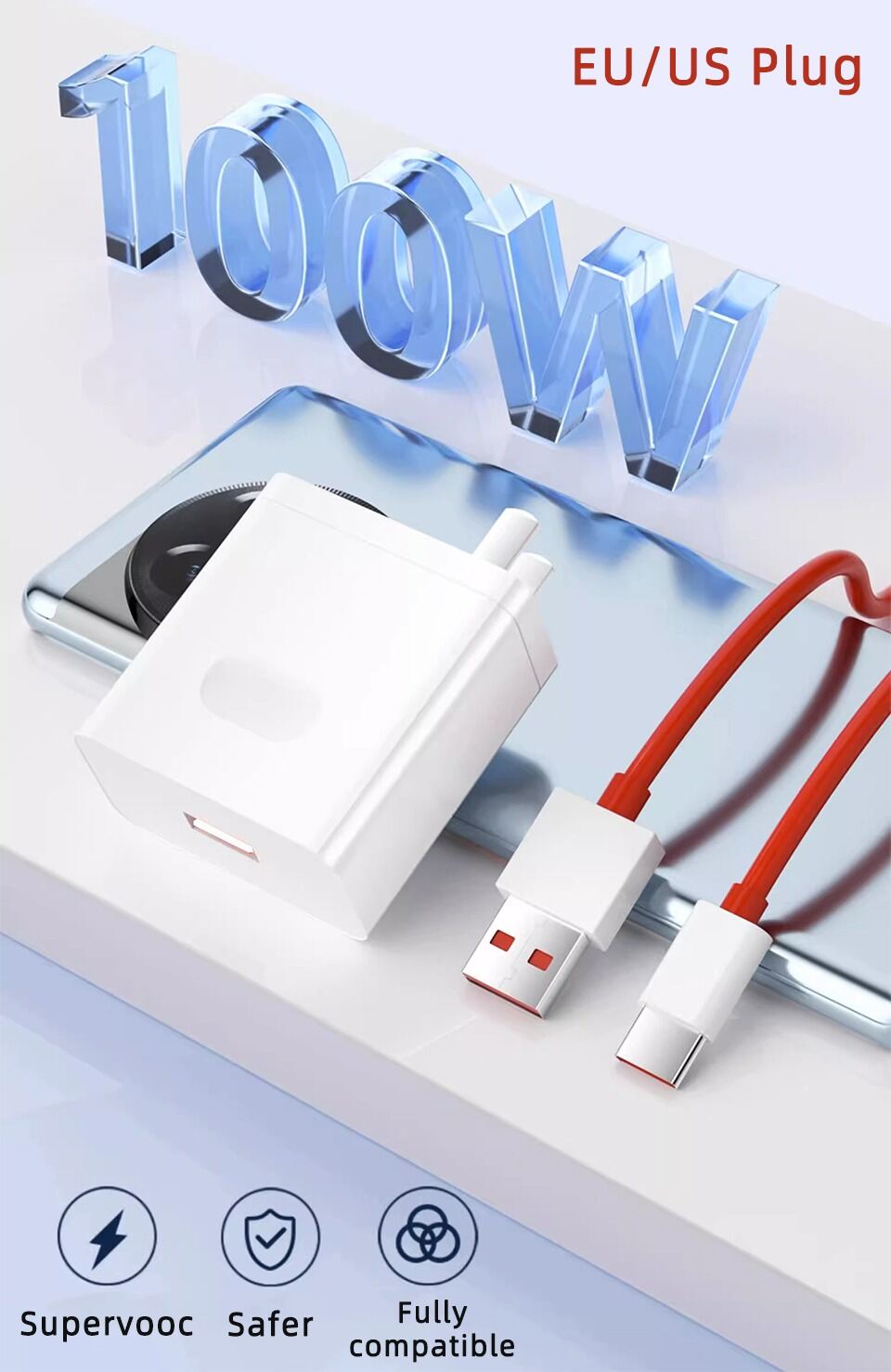 Picture of OnePlus Wrap charger 100W Power Adapter with USB-A to USB-C Fast data Cable (White)