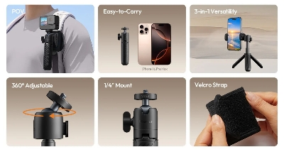 Picture of ULANZI MT88 Small Camera Tripod, Mini 3-in-1 Selfie Stick w Backpack Mount Shoulder Strap, 3-Sect Adjustable Tabletop Handheld Tripod Holder f Action Camera, DJI Pocket3, Xtra Muse, Insta 360 X5 (Black)