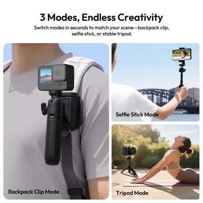 Picture of ULANZI MT88 Small Camera Tripod, Mini 3-in-1 Selfie Stick w Backpack Mount Shoulder Strap, 3-Sect Adjustable Tabletop Handheld Tripod Holder f Action Camera, DJI Pocket3, Xtra Muse, Insta 360 X5 (Black)