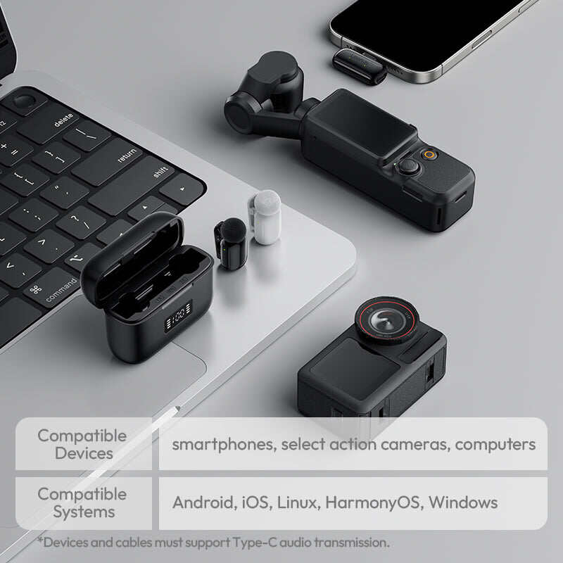 Picture of ULANZI A200 Mini Mic Wireless Lavalier Lapel Microphone for iPhone 17/16/15 Type-C, 48kHz/24-bit, Plug & Play, Smart Noise Cancelling, Digital Display, 30H Battery for Video Recording (Black)