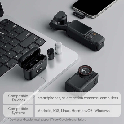 Picture of ULANZI A200 Mini Mic Wireless Lavalier Lapel Microphone for iPhone 17/16/15 Type-C, 48kHz/24-bit, Plug & Play, Smart Noise Cancelling, Digital Display, 30H Battery for Video Recording (Black)