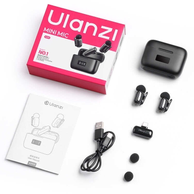 Picture of ULANZI A200 Mini Mic Wireless Lavalier Lapel Microphone for iPhone 17/16/15 Type-C, 48kHz/24-bit, Plug & Play, Smart Noise Cancelling, Digital Display, 30H Battery for Video Recording (Black)