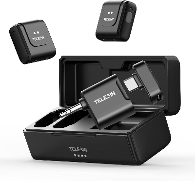 Picture of TELESIN Wireless Lavalier Microphone with Charging Case, one-Click Noise Reduction 32KHz 24Bit 22H Battery for Video Recording Type C /Samrt Phone/PC/Laptop/Camera (Black)