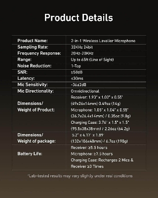 Picture of TELESIN Wireless Lavalier Microphone with Charging Case, one-Click Noise Reduction 32KHz 24Bit 22H Battery for Video Recording Type C /Samrt Phone/PC/Laptop/Camera (Black)