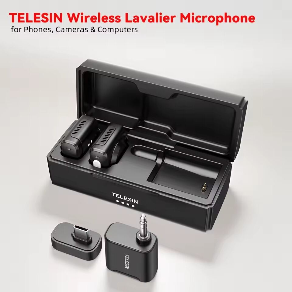 Picture of TELESIN Wireless Lavalier Microphone with Charging Case, one-Click Noise Reduction 32KHz 24Bit 22H Battery for Video Recording Type C /Samrt Phone/PC/Laptop/Camera (Black)