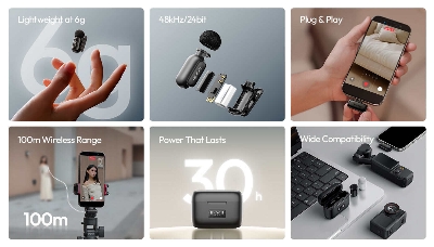 Picture of ULANZI A200 Mini Mic Wireless Lavalier Lapel Microphone for iPhone 17/16/15 Type-C, 48kHz/24-bit, Plug & Play, Smart Noise Cancelling, Digital Display, 30H Battery for Video Recording (Black)