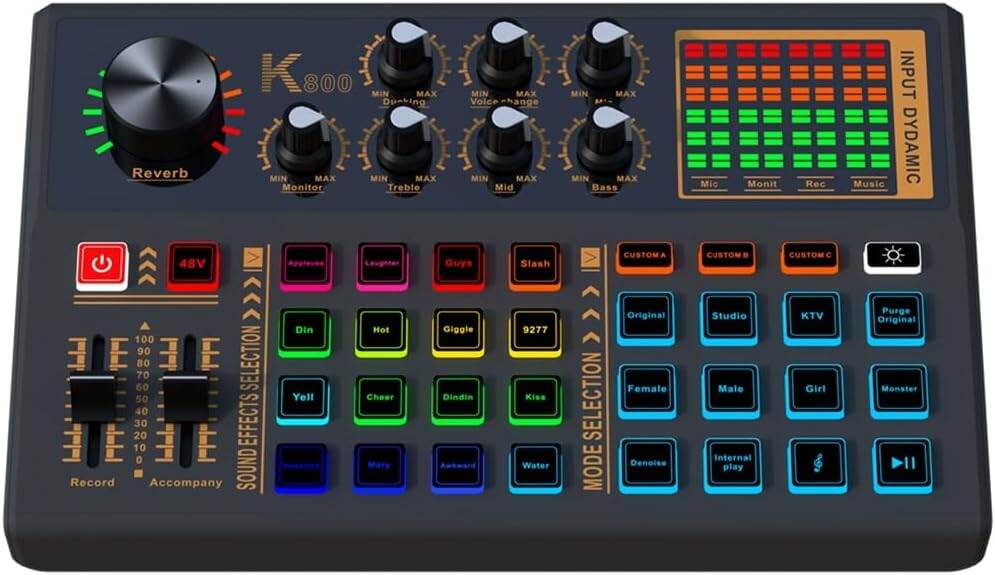 Picture of K800 Pro Audio Mixer  Live Sound Card and Audio Interface Sound Board with 3 Custom Sound Effects, DJ Mixer Effects,Voice Changer and LED Light, Prefect for Streaming/Podcasting/Recording/YouTube/PC (Black)