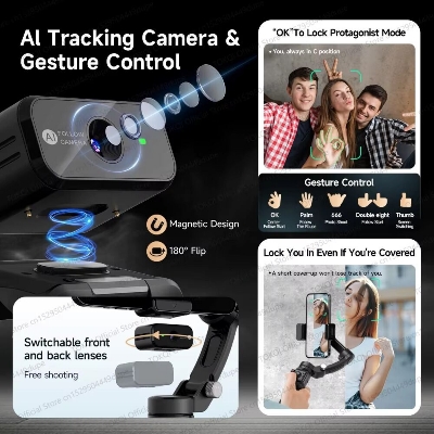 Picture of TOKQI M03 Handheld Gimbal 3-Axis AI Tracking Stabilizer with Wireless Microphone for Smartphones Shooting Vlog, with Fill Light (Black)