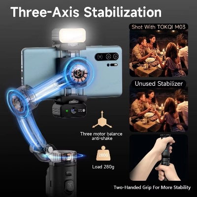 Picture of TOKQI M03 Handheld Gimbal 3-Axis AI Tracking Stabilizer with Wireless Microphone for Smartphones Shooting Vlog, with Fill Light (Black)