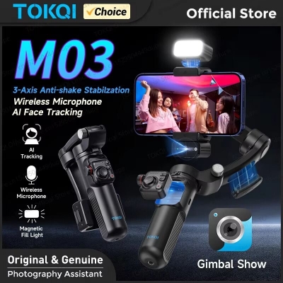 Picture of TOKQI M03 Handheld Gimbal 3-Axis AI Tracking Stabilizer with Wireless Microphone for Smartphones Shooting Vlog, with Fill Light (Black)