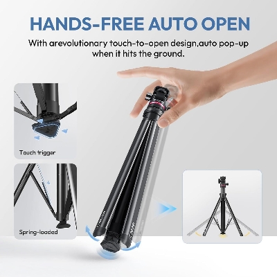 Picture of ULANZI MT-80 Aluminum Tripod Stand, 7FT Extendable Camera Phone Tripod for Travel, Auto Pop-Up, 1/4" Screw, 360 Ball Head Portable Photo Video Light Stand for DSLR Camera, Ring Light, Video Rig (Black)