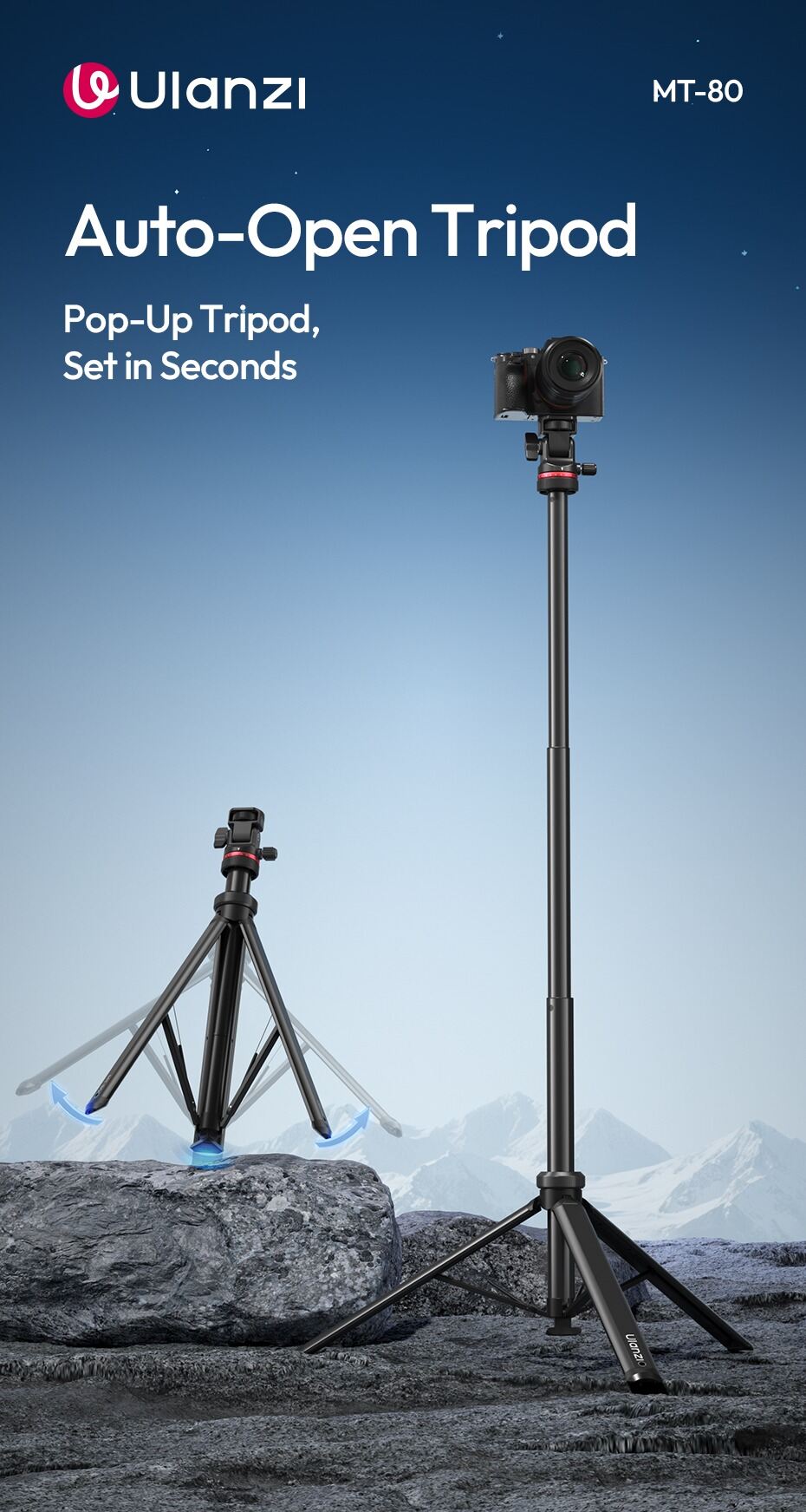 Picture of ULANZI MT-80 Aluminum Tripod Stand, 7FT Extendable Camera Phone Tripod for Travel, Auto Pop-Up, 1/4" Screw, 360 Ball Head Portable Photo Video Light Stand for DSLR Camera, Ring Light, Video Rig (Black)