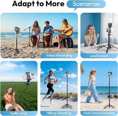 Picture of ULANZI MT-44B Phone Tripod, 59'' Auto Open Phone Stand with Dual Camera Set up, 360° Ball Head, Extendable Selfie Stick w Cold Shoe for Filming/Selfie in Vlog, Family Gatherings, Black Visit the ULANZI Store (Black)