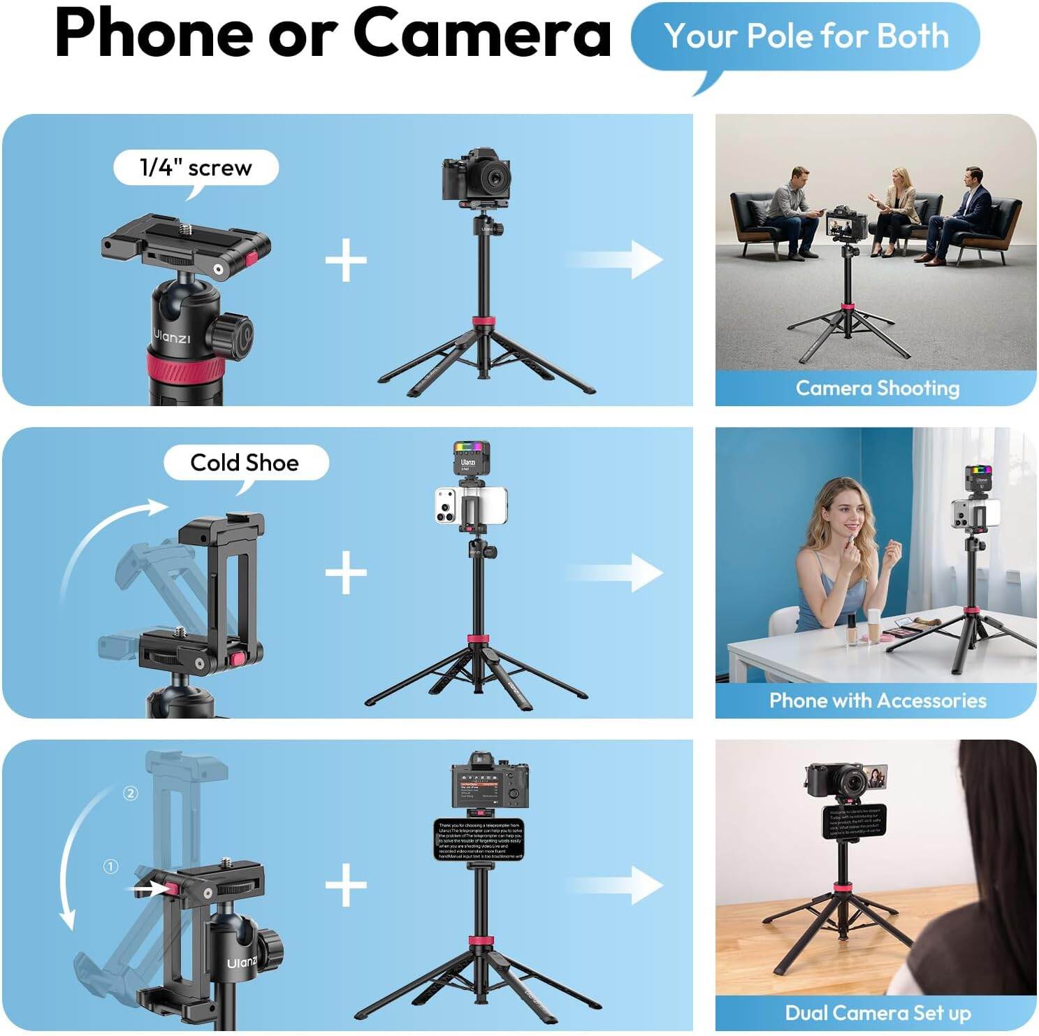 Picture of ULANZI MT-44B Phone Tripod, 59'' Auto Open Phone Stand with Dual Camera Set up, 360° Ball Head, Extendable Selfie Stick w Cold Shoe for Filming/Selfie in Vlog, Family Gatherings, Black Visit the ULANZI Store (Black)