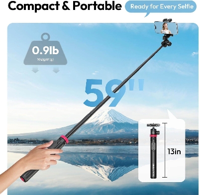 Picture of ULANZI MT-44B Phone Tripod, 59'' Auto Open Phone Stand with Dual Camera Set up, 360° Ball Head, Extendable Selfie Stick w Cold Shoe for Filming/Selfie in Vlog, Family Gatherings, Black Visit the ULANZI Store (Black)