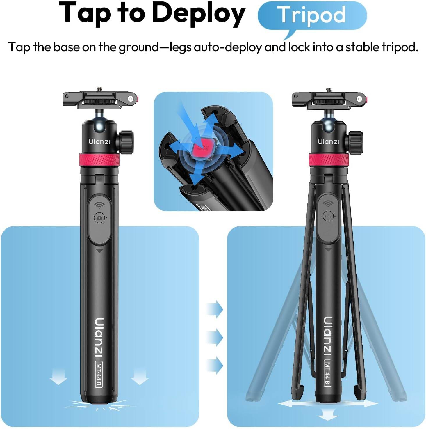 Picture of ULANZI MT-44B Phone Tripod, 59'' Auto Open Phone Stand with Dual Camera Set up, 360° Ball Head, Extendable Selfie Stick w Cold Shoe for Filming/Selfie in Vlog, Family Gatherings, Black Visit the ULANZI Store (Black)