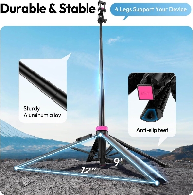 Picture of ULANZI MT-44B Phone Tripod, 59'' Auto Open Phone Stand with Dual Camera Set up, 360° Ball Head, Extendable Selfie Stick w Cold Shoe for Filming/Selfie in Vlog, Family Gatherings, Black Visit the ULANZI Store (Black)