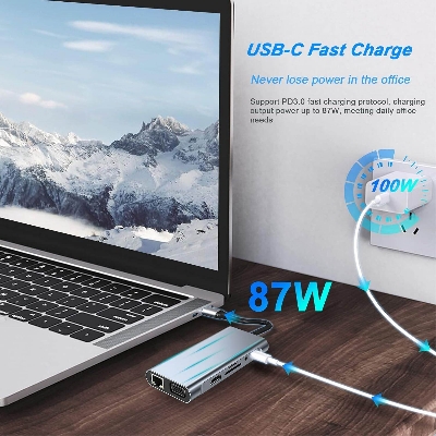 Picture of Type-C to HDTV 11-in-1 HDMI, VGA, Type C PD, USB3.0, RJ45 Ethernet, SD/TF Card Reader, and 3.5mm AUX Multi-Function Dock Station Adapter (Grey)