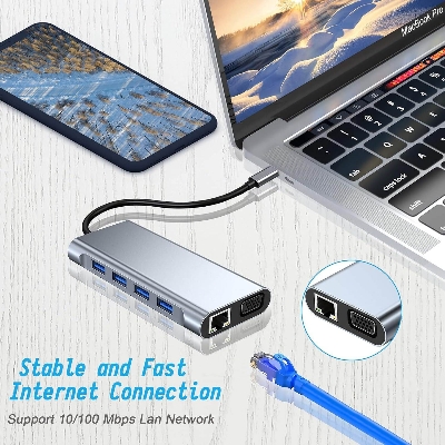 Picture of Type-C to HDTV 11-in-1 HDMI, VGA, Type C PD, USB3.0, RJ45 Ethernet, SD/TF Card Reader, and 3.5mm AUX Multi-Function Dock Station Adapter (Grey)