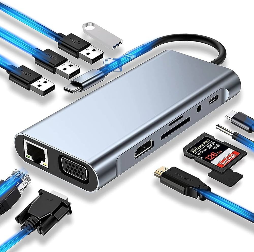 Picture of Type-C to HDTV 11-in-1 HDMI, VGA, Type C PD, USB3.0, RJ45 Ethernet, SD/TF Card Reader, and 3.5mm AUX Multi-Function Dock Station Adapter (Grey)
