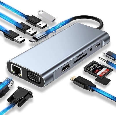 Picture of Type-C to HDTV 11-in-1 HDMI, VGA, Type C PD, USB3.0, RJ45 Ethernet, SD/TF Card Reader, and 3.5mm AUX Multi-Function Dock Station Adapter (Grey)
