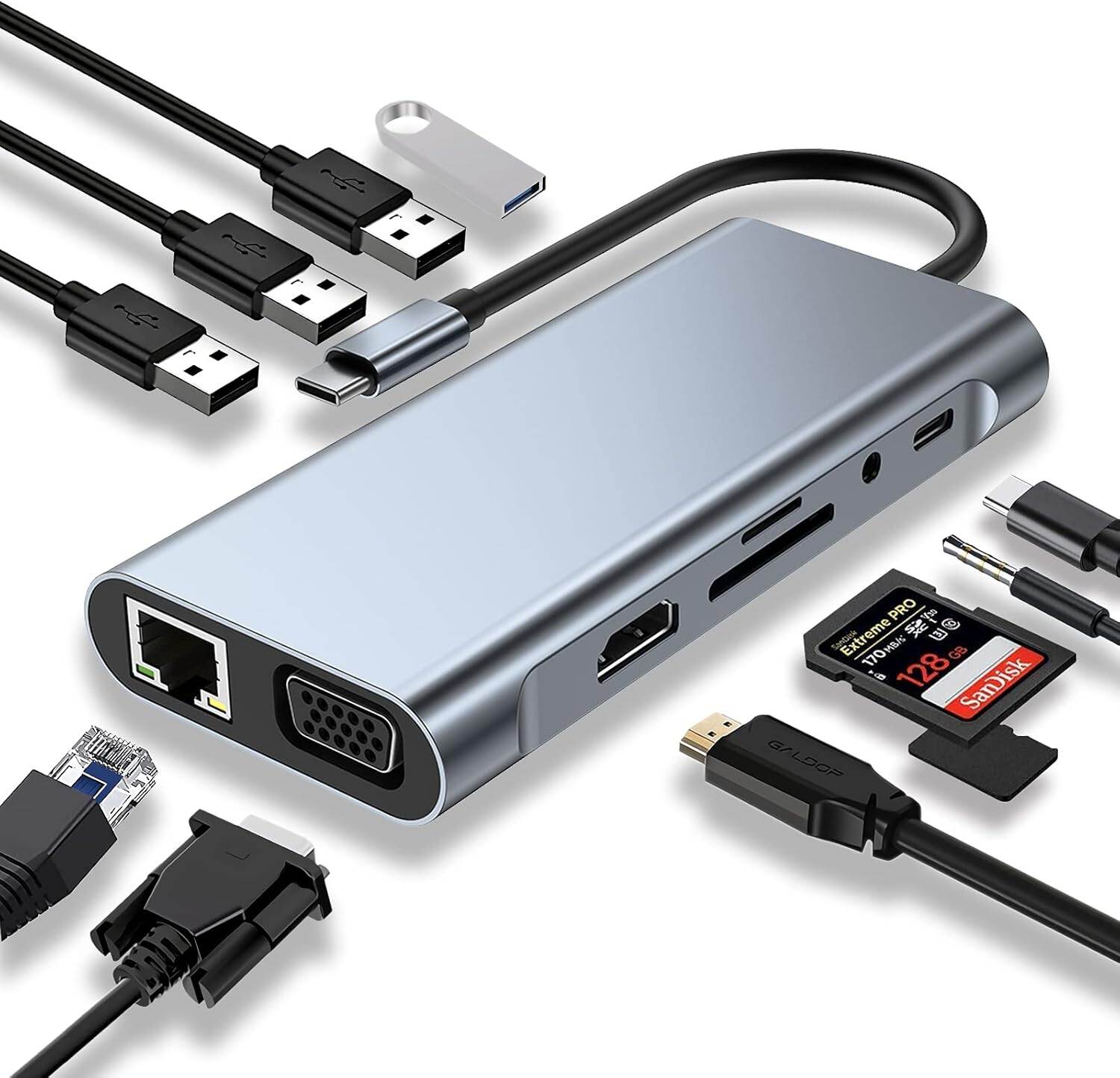Picture of Type-C to HDTV 11-in-1 HDMI, VGA, Type C PD, USB3.0, RJ45 Ethernet, SD/TF Card Reader, and 3.5mm AUX Multi-Function Dock Station Adapter (Grey)