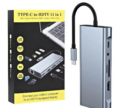 Picture of Type-C to HDTV 11-in-1 HDMI, VGA, Type C PD, USB3.0, RJ45 Ethernet, SD/TF Card Reader, and 3.5mm AUX Multi-Function Dock Station Adapter (Grey)