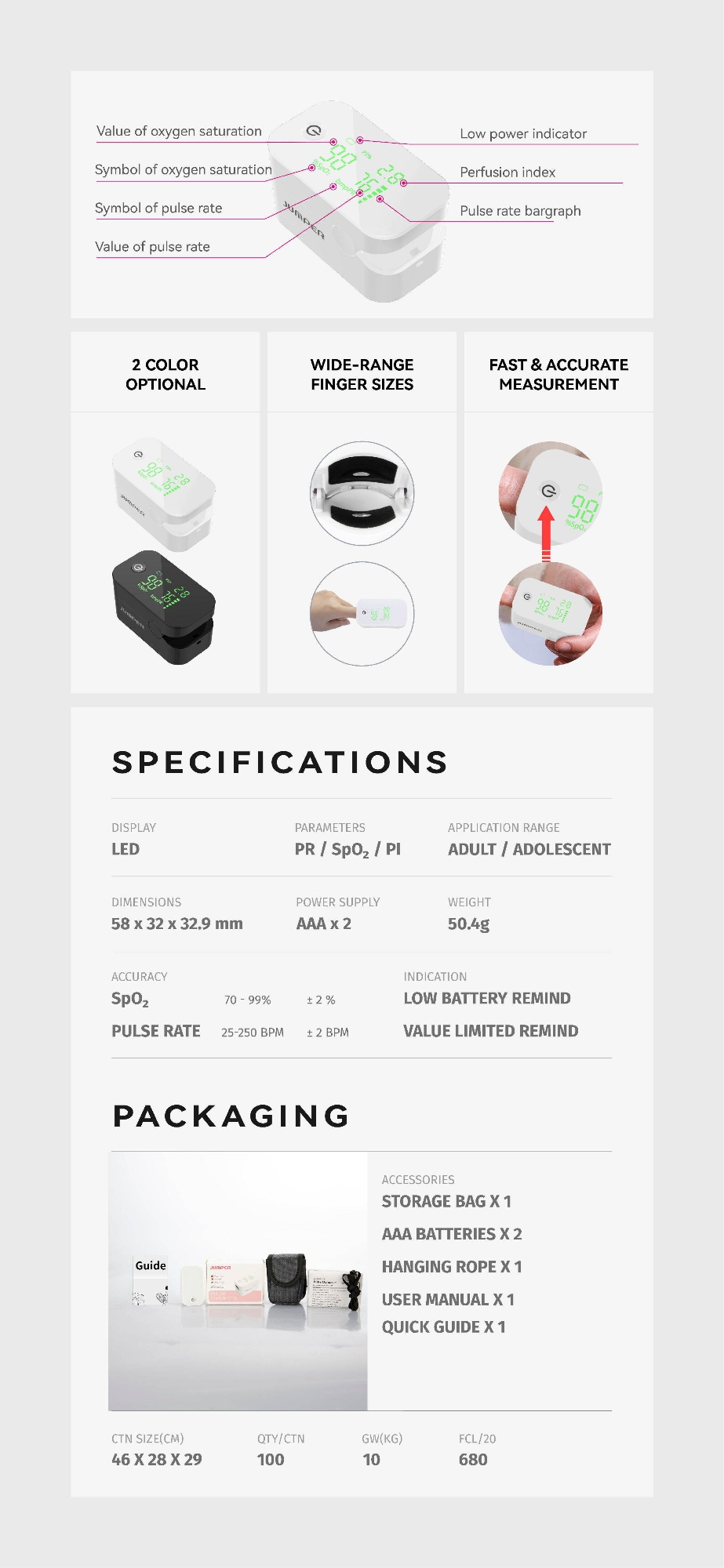 Picture of Jumper JPD-500G (LED) Fingertip Pulse Oximeter (CE & FDA Approved) (Multicolor)