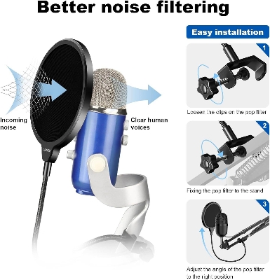 Picture of Professional Microphone Pop Filter Mask Shield For Blue Yeti and Any Other Microphone,Mic Dual Layered Wind Pop Screen With Flexible 360° Gooseneck Clip Stabilizing Arm (Black)