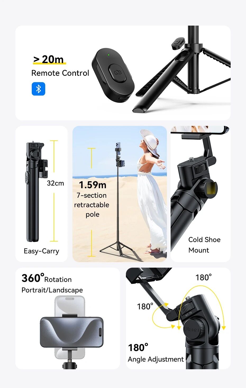 Picture of Ulanzi MT-70 2-in-1 Selfie Stick and Tripod – Perfect for Vlogging & Photos with Dual-position Holder, Extendable Handheld Selfie Stick with Cold Shoe Mount Portable Travel Vlog Tripod with Wireless Remote (Black)
