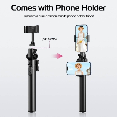 Picture of Ulanzi MT-70 2-in-1 Selfie Stick and Tripod – Perfect for Vlogging & Photos with Dual-position Holder, Extendable Handheld Selfie Stick with Cold Shoe Mount Portable Travel Vlog Tripod with Wireless Remote (Black)