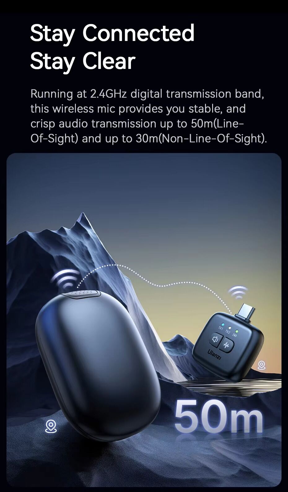 Picture of Ulanzi A30 Tiny Mic Wireless Lavalier Microphone 20M Audio Video Voice Recording Mic for iPhone 16 Android Phone DSLR Camera (Black)