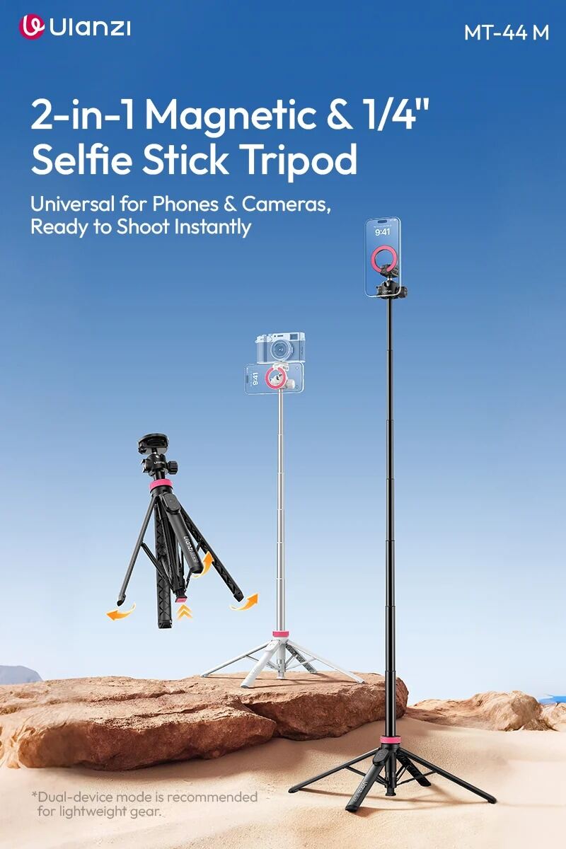 Picture of Ulanzi MT-44M 2-in-1 Magnetic & 1/4" Selfie Stick Tripod  Extended Height 149 cm / 58.66 in Black (Black)