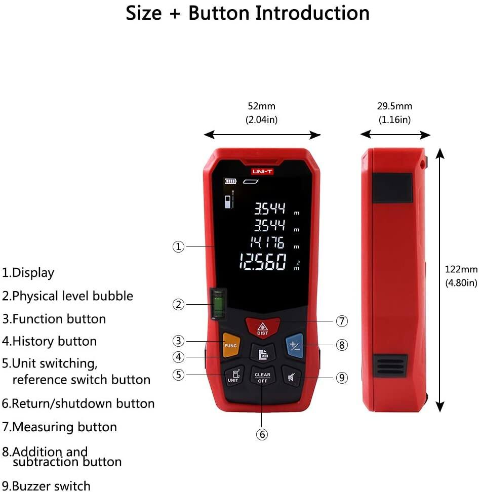 Picture of UNI-T LM40 Distance Meter 40M (131ft) Laser Distance Meters Test & Measurement area and volume measurement, spirit level and large LCD display- Red (Multicolor)