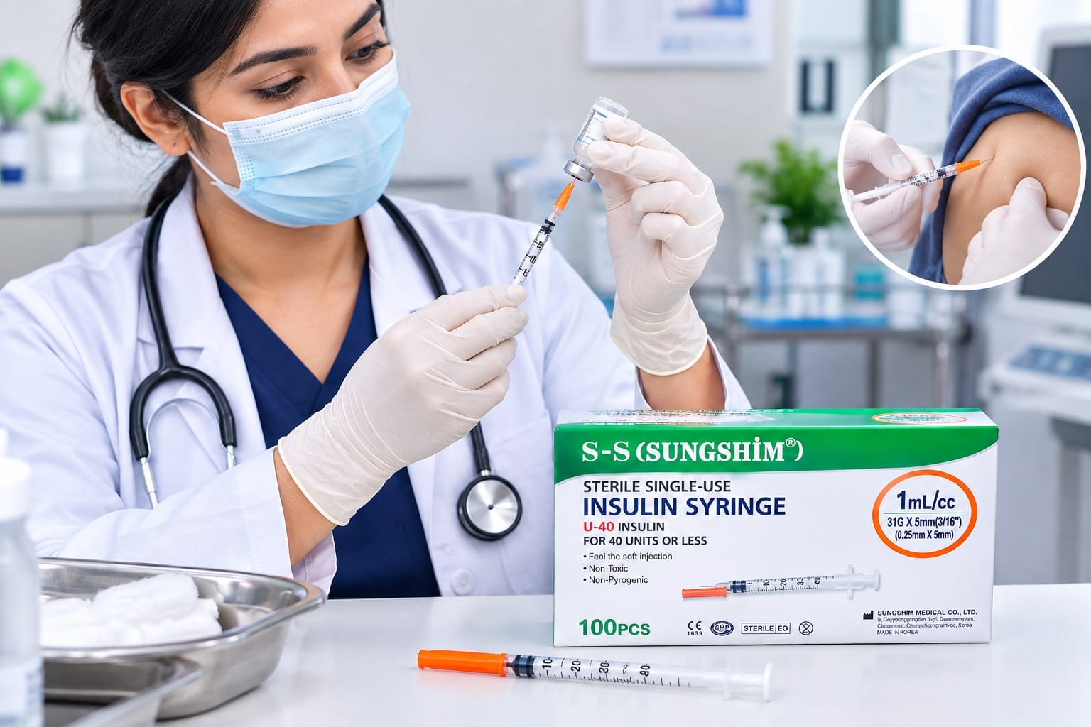 Picture of S-S SUNGSHIM® U-40 Insulin Syringe 1mL, 31G × 5mm | 100 Pieces