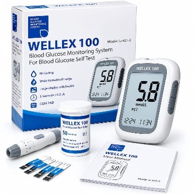 Picture of WELLEX 100 Blood Glucose Monitoring System G-425-2 | Accurate 5-Second Glucose Testing Meter with 50 Test Strips
