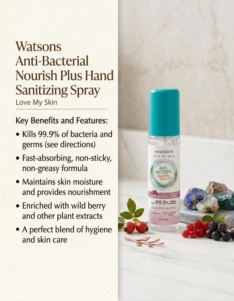 Picture of WATSONS Anti Bacterial Nourish Plus Brightening Wild Berry Hand Sanitiser Spray (Kills 99.9% Germs And Bacteria) 50ml