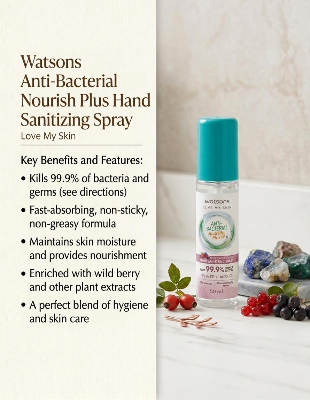 Picture of WATSONS Anti Bacterial Nourish Plus Brightening Wild Berry Hand Sanitiser Spray (Kills 99.9% Germs And Bacteria) 50ml