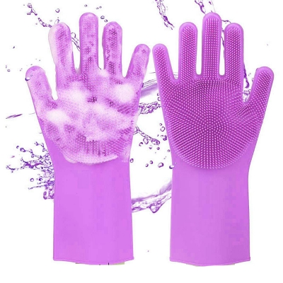 Picture of Magic Dishwashing Gloves with Scrubber, Silicone Cleaning Reusable Scrub Gloves for Wash Dish, Kitchen, Bathroom (Blue,1 Pair: Right + Left Hand)
