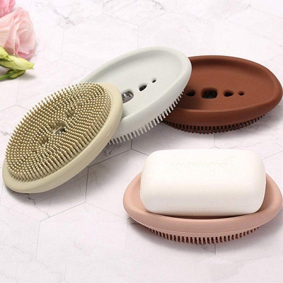Picture of Multifunctional Silicone Soap Box With Brush Kitchen Bathroom Cleaning Brush Soap Dish Sheet Drain