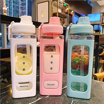 Picture of New Clear Square Plastic Water Bottles With Straw Creative Summer Cute Bear Outdoor Large Capacity Portable Cycling Water kettle