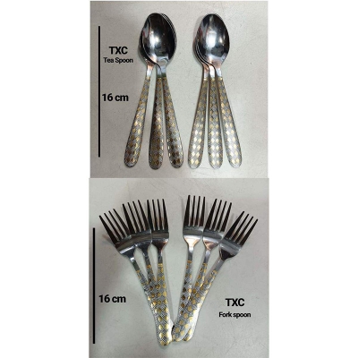 Picture of (Set of 12) TXC golden Brand new Stainless Steel Tea & fork Spoon 6 pcs tea and 6 pcs Fork spoon, Silver