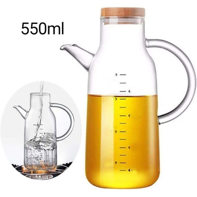 Picture of 550ml Glass Oil Bottle Borosilicate Glass Oil Can Dispenser Bottle Measuring Sauce Jar Oiler Pouring Spout Bottle with Bamboo Cover