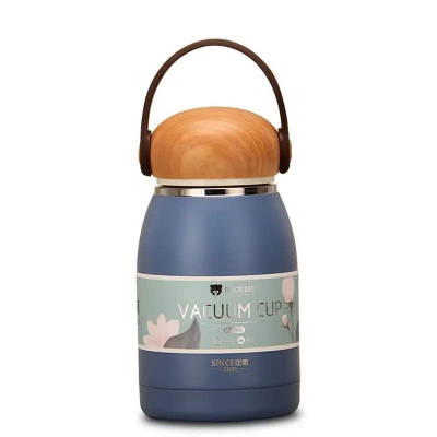Picture of 320ml Wooden Lid Portable Handle Stainless Steel Termos water Bottle, Custom Logo School Kid Double Wall Vacuum Flask